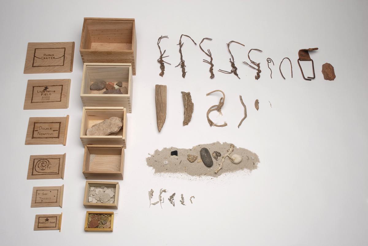 "Place/Displace," a collection of objects from Spiral Jetty, Sun Tunnels, Double Negative, Roden Crater, Lightning Field & Amarillo Ramp by Hannah Barnes & Jacinda Russell, 2009
